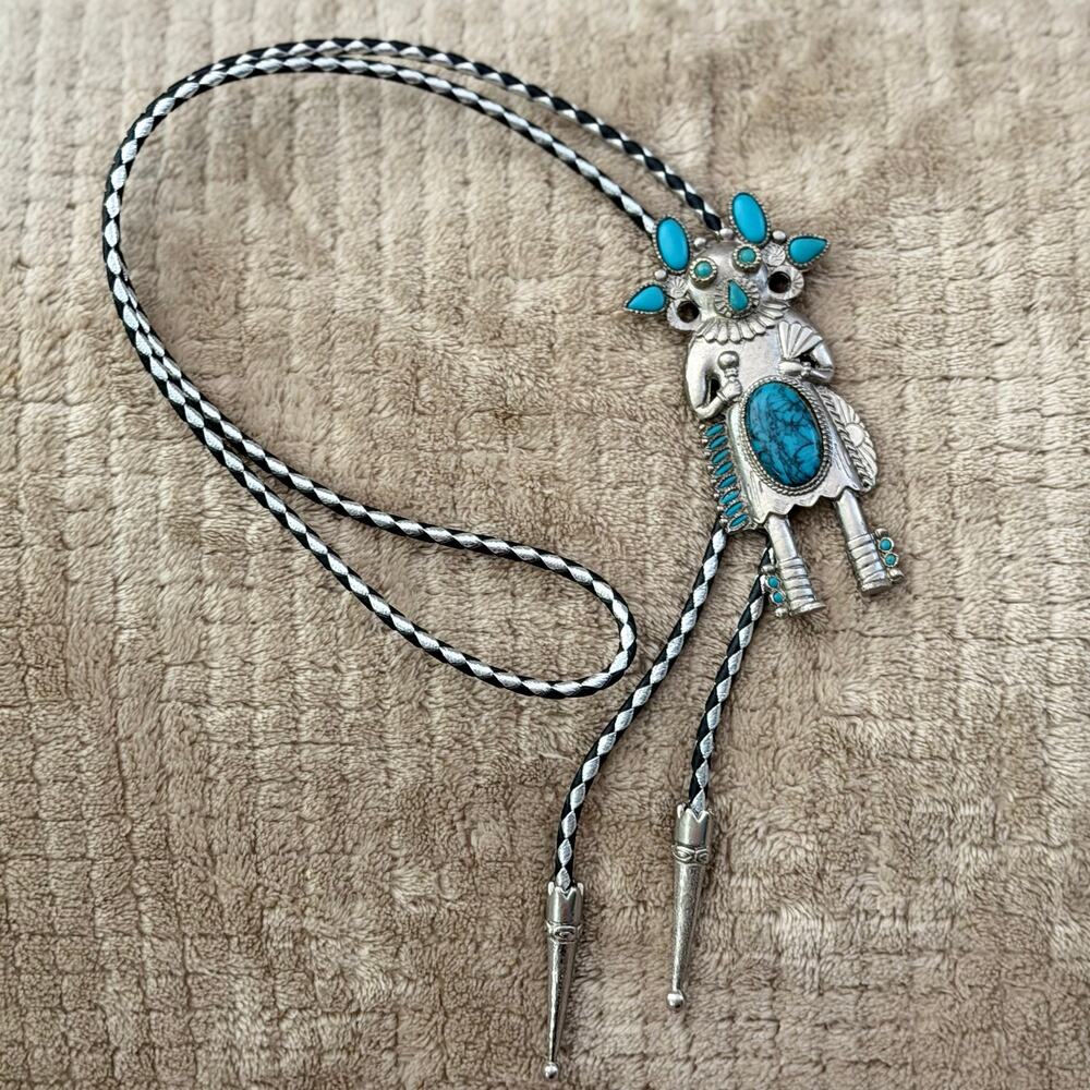 Kachina Southwestern Style Faux Turquoise Silver Tone Bolo Tie